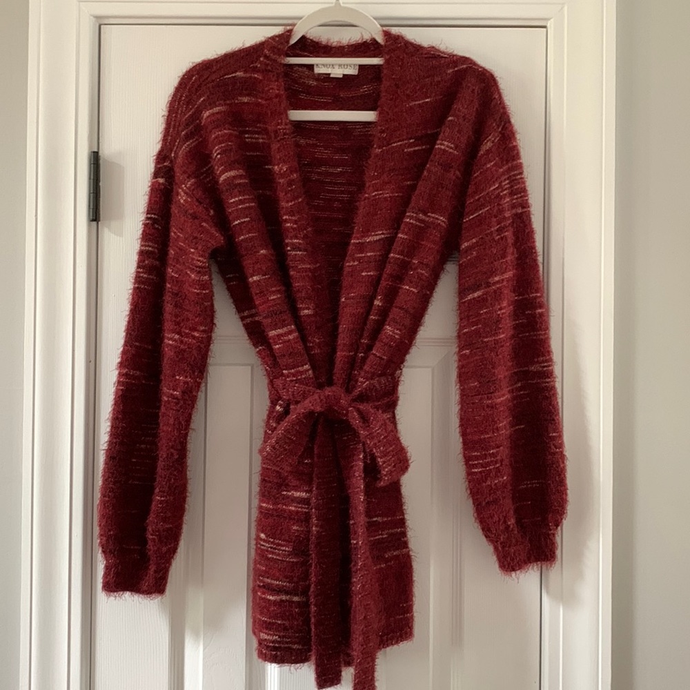 Knox Rose Burgundy Fuzzy Eyelash Tie Cardigan